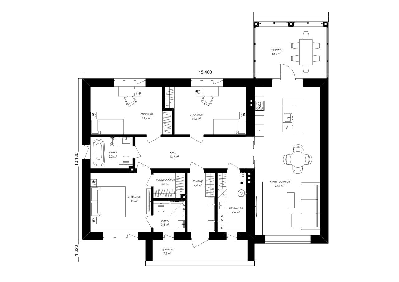 Одноэтажный дом 140 м² <br> Арт. 1.273 под ключ – фото, цены и планировки